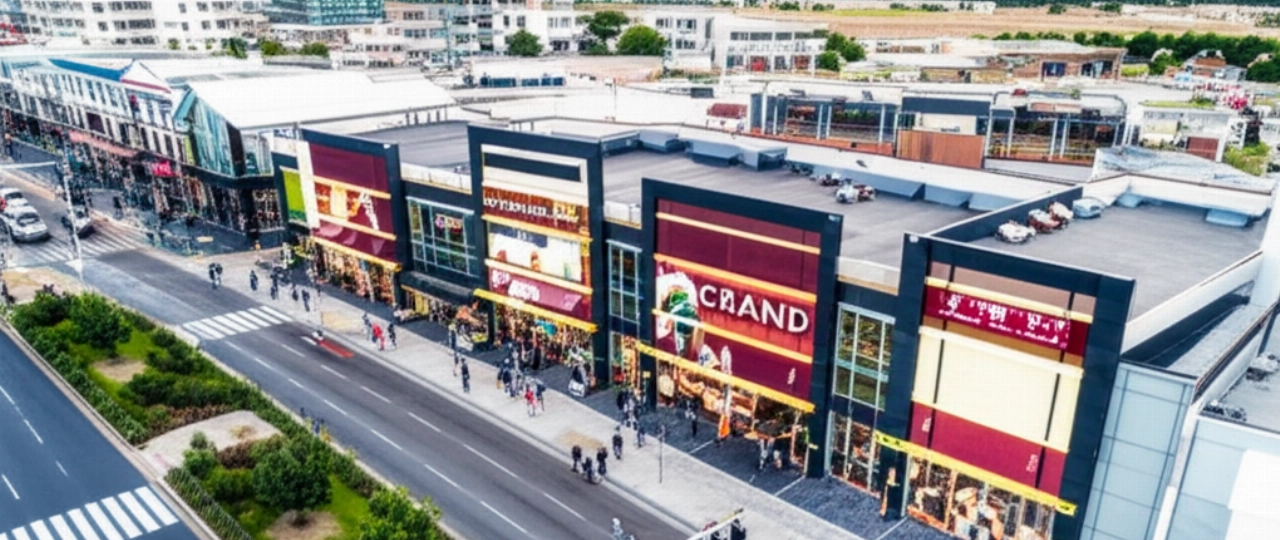Hyperrealistische Luftaufnahme eines geschäftigen modernen Franchise-Standorts in einem dynamischen Geschäftsviertel, die Geschäftserfolg und Wachstum veranschaulicht.