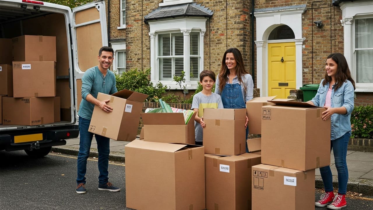 Famiglia felice che si trasferisce a Londra, UK