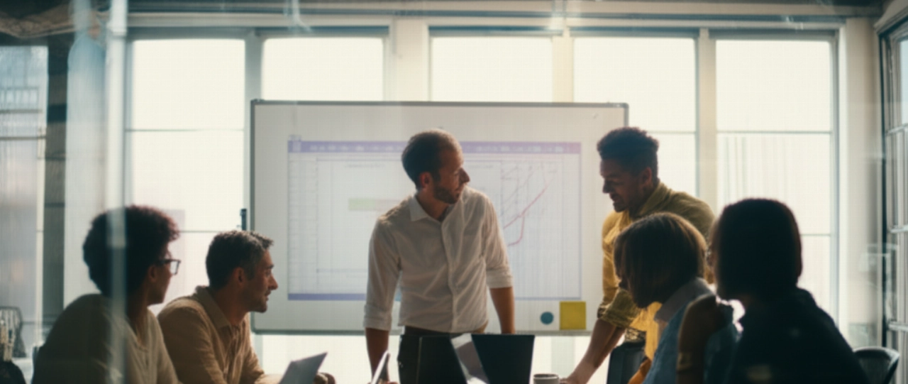 Eine Gruppe kaukasischer Fachkräfte arbeitet in einem hellen, modernen Büro mit Laptops und einem digitalen Whiteboard zusammen.