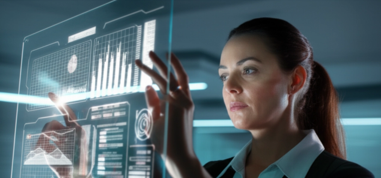 A Caucasian woman interacting with a transparent holographic display showing complex data visualizations.