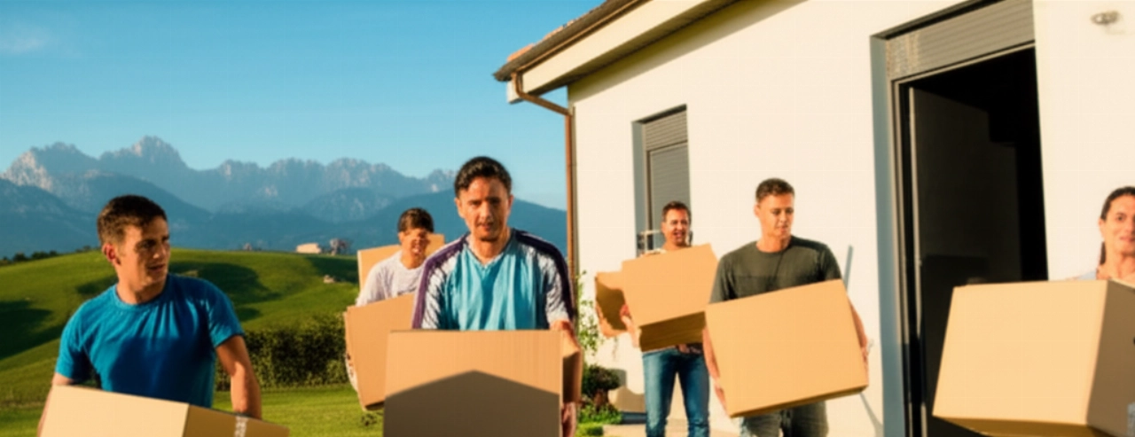 Scène hyperréaliste d'un déménagement efficace dans les Abruzzes, avec des personnes caucasiennes transportant des cartons dans une maison moderne sur fond de montagnes et de collines verdoyantes.