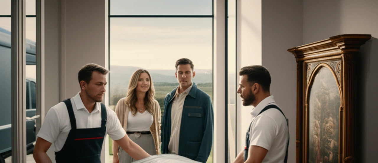 Image hyperréaliste d'un déménagement professionnel dans les Abruzzes, avec un membre d'équipage caucasien emballant soigneusement un objet délicat tandis qu'un couple caucasien observe, avec vue sur la campagne des Abruzzes.
