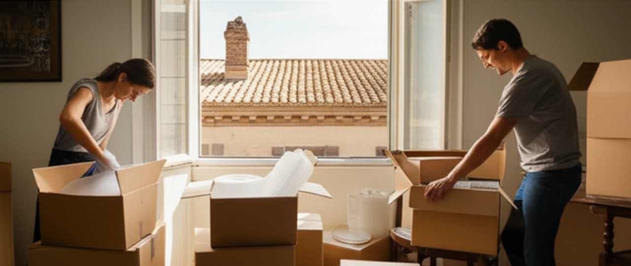 Bright apartment interior in Agrigento, with two Caucasian people packing moving boxes. Typical Sicilian architecture is visible through the window.