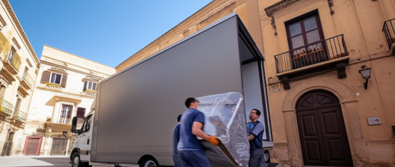 A modern moving truck parked on a cobblestone street in Agrigento, with two Caucasian movers carrying furniture out of a historic building.