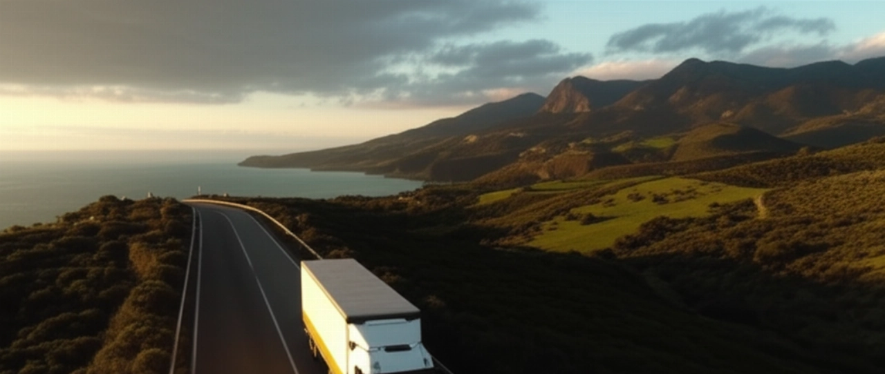 Breathtaking aerial view of a moving truck on a coastal road near Agrigento, with the vast Sicilian landscape and the Mediterranean Sea in the background.