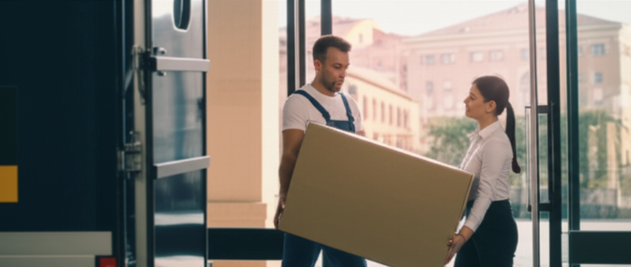 Two Caucasian professional movers carrying a box out of a modern building in Alessandria, with a moving truck visible.
