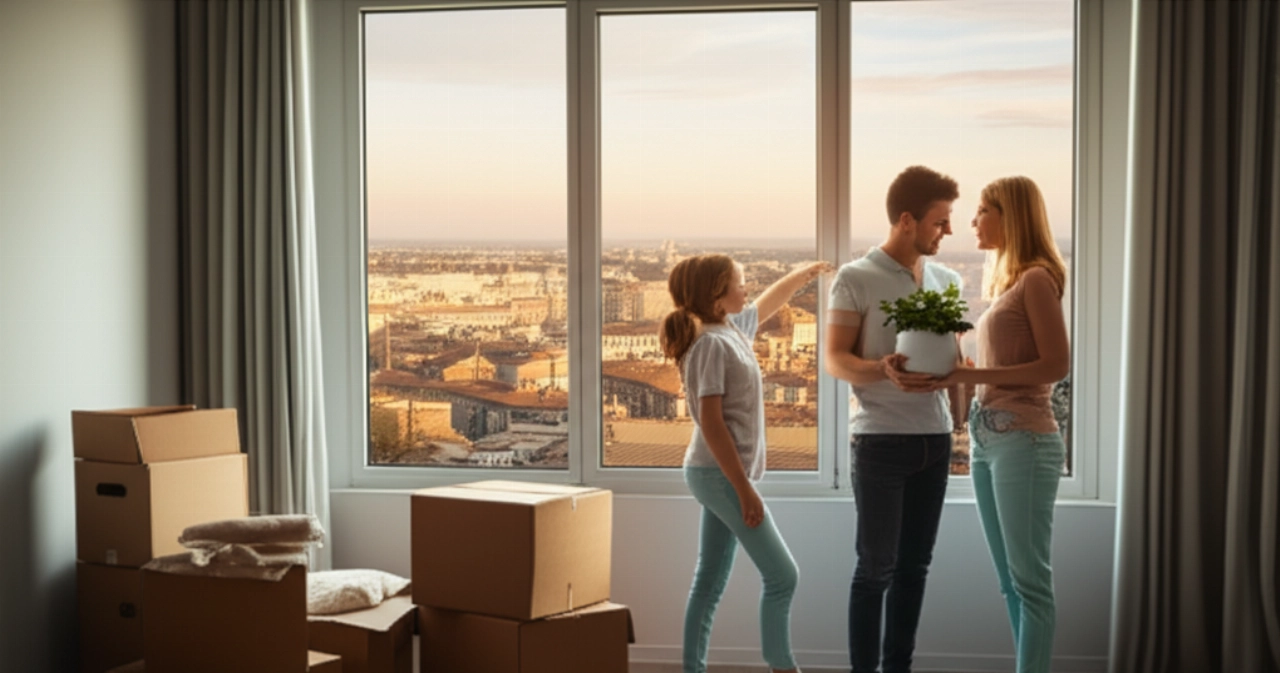A happy Caucasian family in a new living room in Alessandria, with an aerial view of the city from the window.