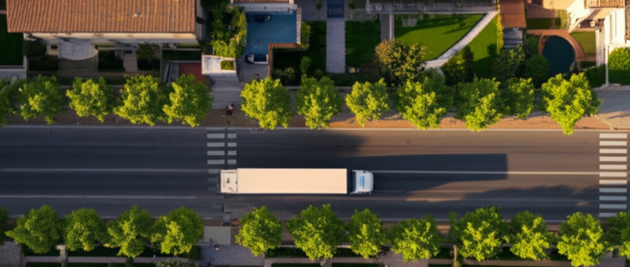 Hyperrealistic aerial view of a moving truck on a tree-lined street in Alessandria at sunset.