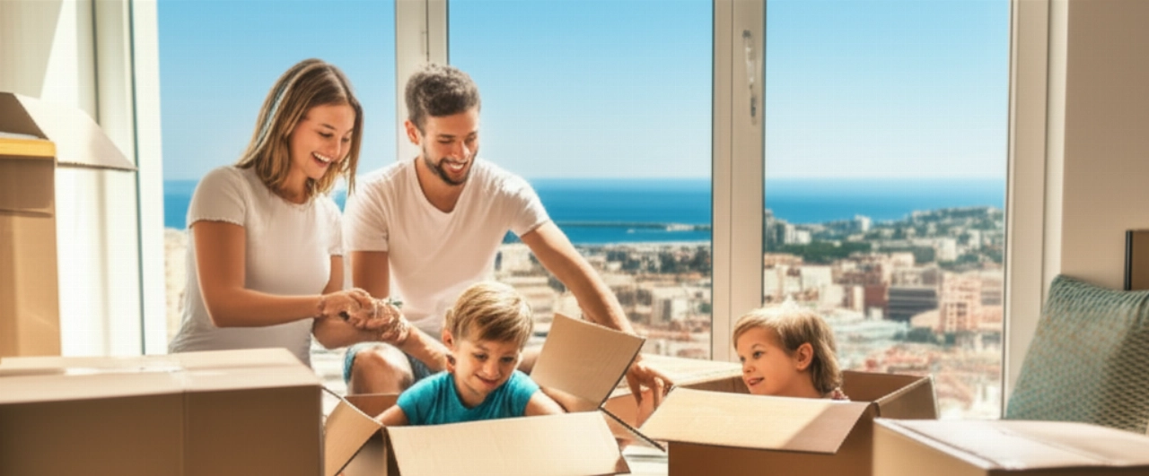 Famiglia caucasica felice e rilassata in un nuovo appartamento ad Ancona, con vista sulla città e sul mare.