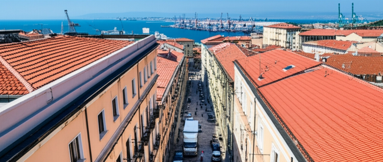 Vista aerea iperrealistica di un camion di traslochi in una strada storica di Ancona, con il porto e il mare Adriatico sullo sfondo.