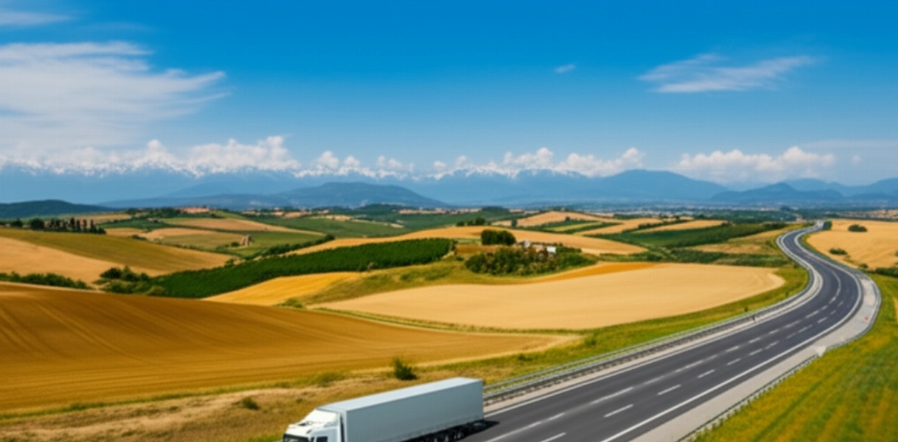 Modern removal truck traversing an alpine and Tuscan landscape, symbolizing the Austria-Italy journey.