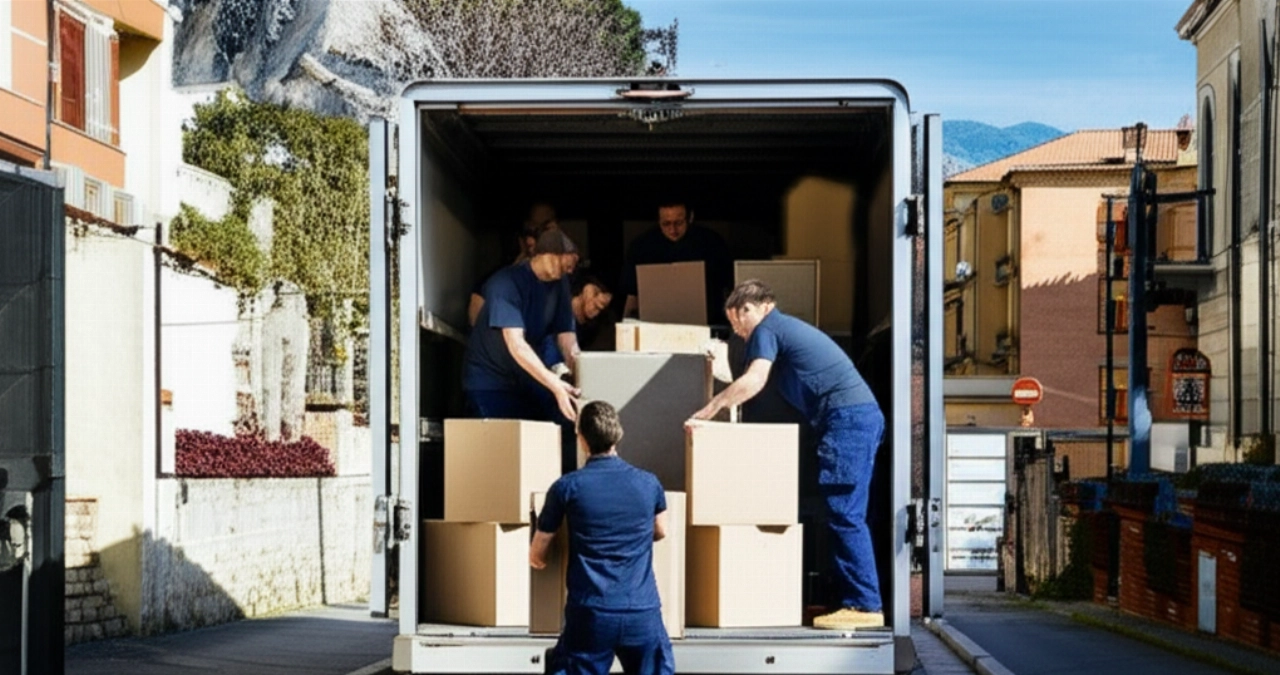 Equipo de mudanzas profesional cargando cuidadosamente muebles en un camión moderno en Avellino, con la ciudad de fondo.
