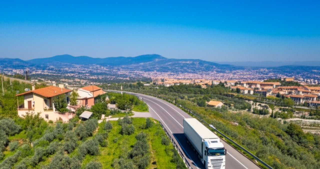 Vista aérea hiperrealista de un camión de mudanzas en una carretera panorámica cerca de Avellino, con el paisaje de Irpinia.