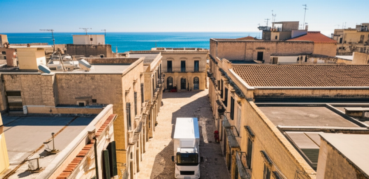 Vista aérea hiperrealista de un camión de mudanzas moderno estacionado en una calle adoquinada en el centro histórico de Bari, con el mar Adriático de fondo.