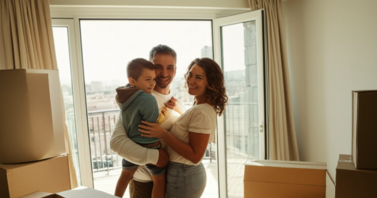 Feliz familia caucásica abrazándose en su nuevo y luminoso apartamento en Bari, rodeada de cajas de mudanza, con vista a la ciudad.