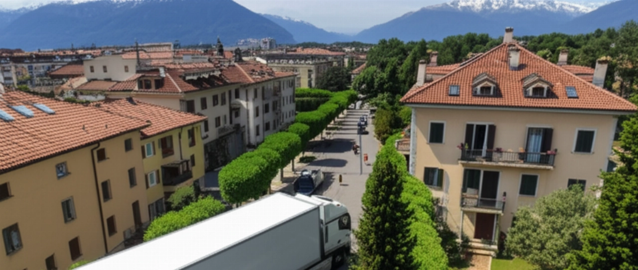 Vue aérienne hyperréaliste d'un camion de déménagement garé dans une rue de Belluno, avec des opérateurs chargeant et les Dolomites en arrière-plan.