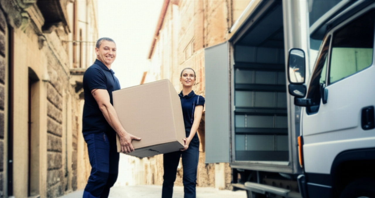 Deux déménageurs professionnels caucasiens chargeant des cartons dans un camion à Bénévent, avec des bâtiments historiques en arrière-plan.
