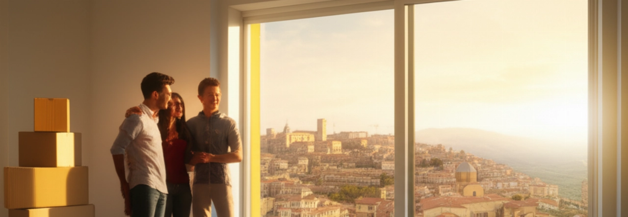 Famille caucasienne heureuse dans un nouvel appartement à Bénévent, avec une vue panoramique sur la ville depuis la fenêtre.