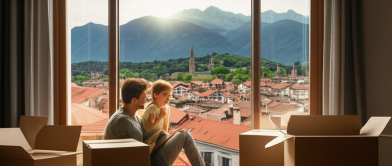 Happy Caucasian family in a new apartment in Bolzano, with a panoramic view of the city and the Dolomites.