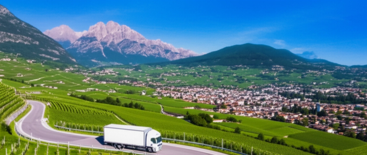 Hyperrealistic aerial view of a moving truck driving through the Bolzano landscape, with the Dolomites in the background.