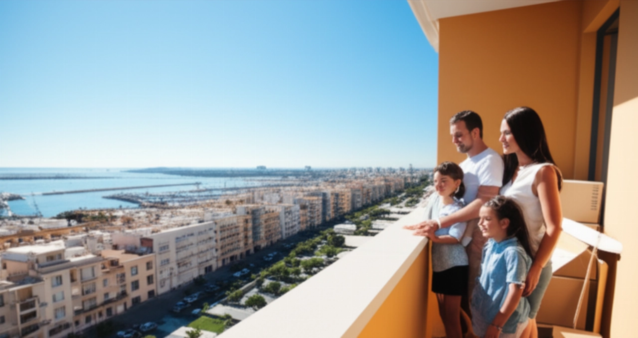 Famille caucasienne heureuse sur le balcon de leur nouvel appartement à Brindisi, profitant d'une vue panoramique sur la ville et le port après un déménagement réussi.