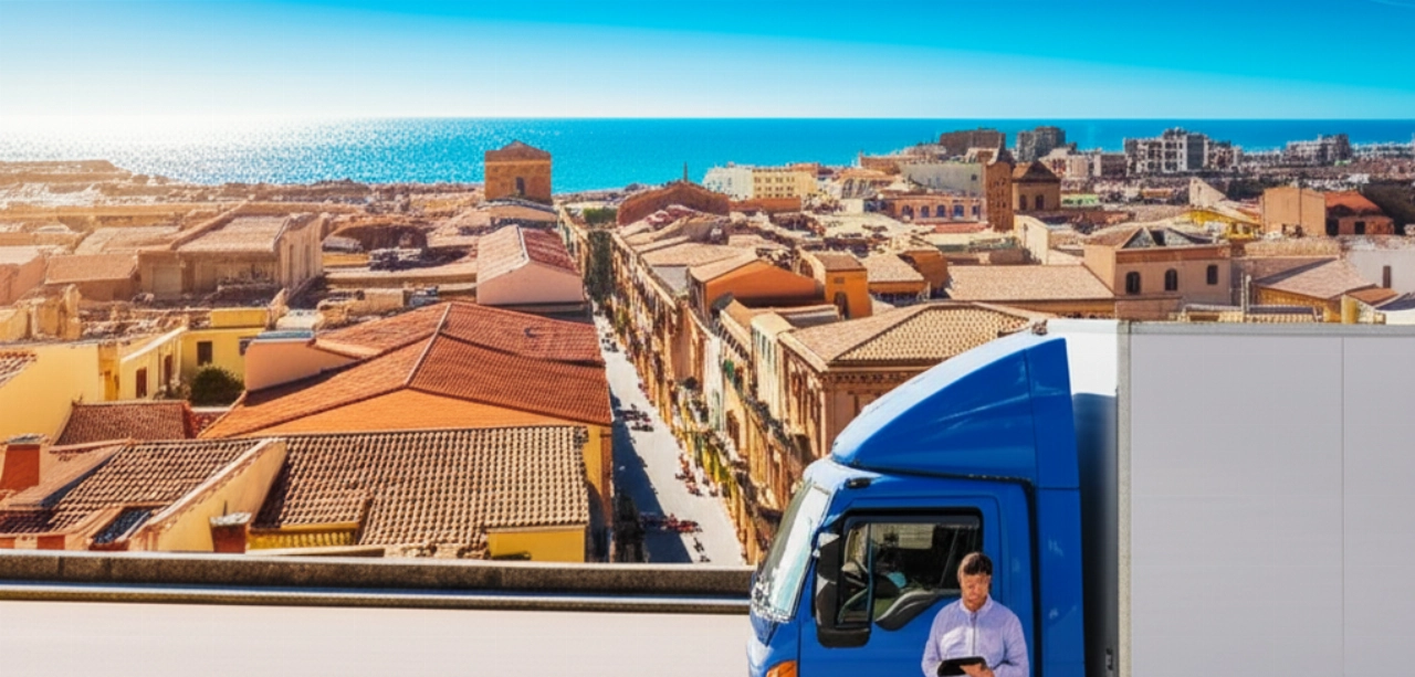 Un moderno camion per traslochi parcheggiato in una strada di Cagliari con una vista aerea mozzafiato della città e del mare, con un traslocatore caucasico che controlla, rappresentando professionalità e logistica.