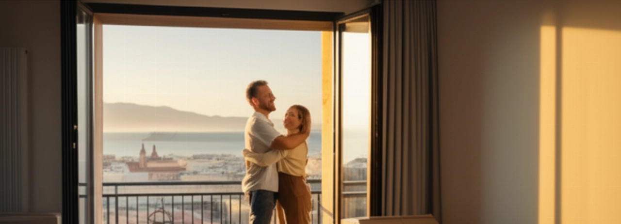 Una felice coppia caucasica si abbraccia nel loro nuovo appartamento a Cagliari, con scatole parzialmente aperte e una vista aerea mozzafiato della città dal balcone, simboleggiando un nuovo inizio e la felicità.
