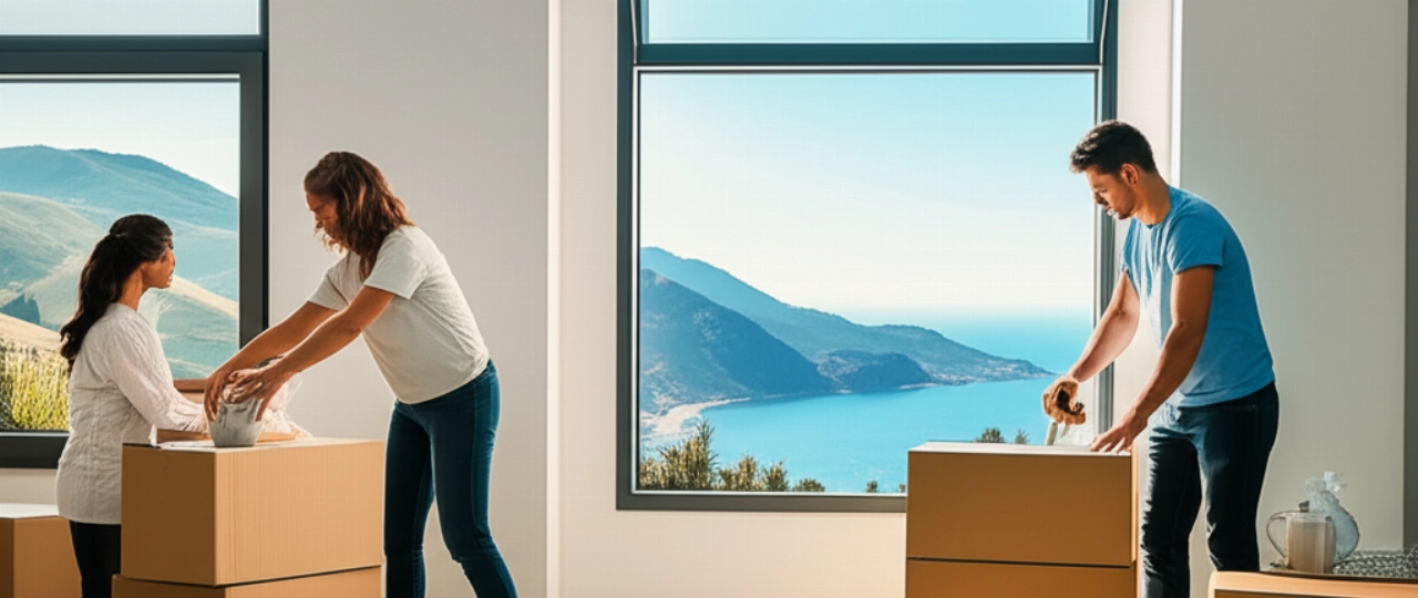 Due persone caucasiche impacchettano scatole in un luminoso soggiorno moderno, con una vista iperrealistica sul Mar Tirreno e le colline della Calabria.