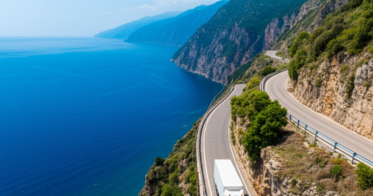 Vista aerea iperrealistica di un camion per traslochi senza logo che percorre una strada costiera tortuosa in Calabria, affacciata sul Mar Ionio.