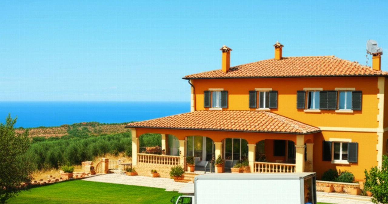 Famiglia caucasica felice che scarica scatole da un camion in una villa tradizionale calabrese, con vista iperrealistica su uliveti e il Mar Mediterraneo.