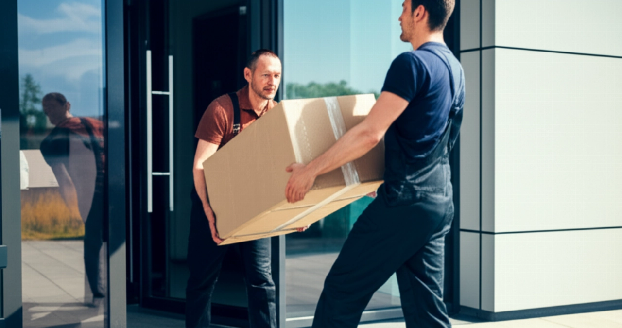Professional Caucasian movers carefully carrying a box out of a modern apartment, emphasizing efficiency and care.