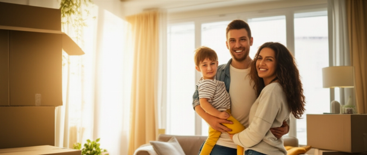 Familia caucásica feliz en una nueva sala de estar parcialmente desempacada, con cajas y muebles, transmitiendo un nuevo comienzo.