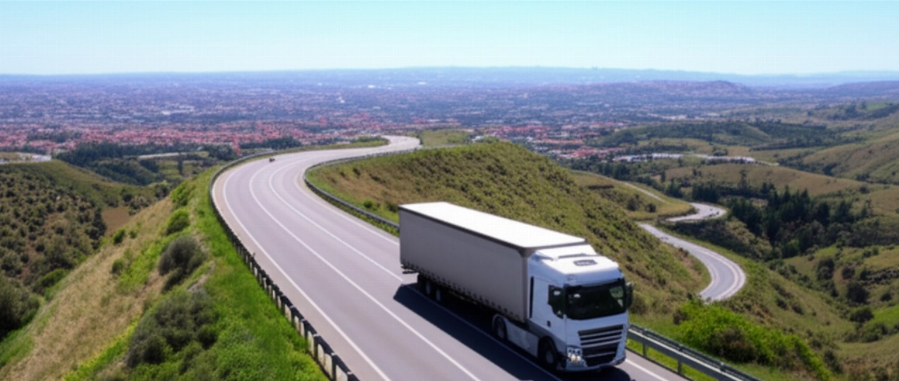 Vista aérea hiperrealista de un camión de mudanzas en una carretera panorámica, con Caltanissetta al fondo, simbolizando el viaje.