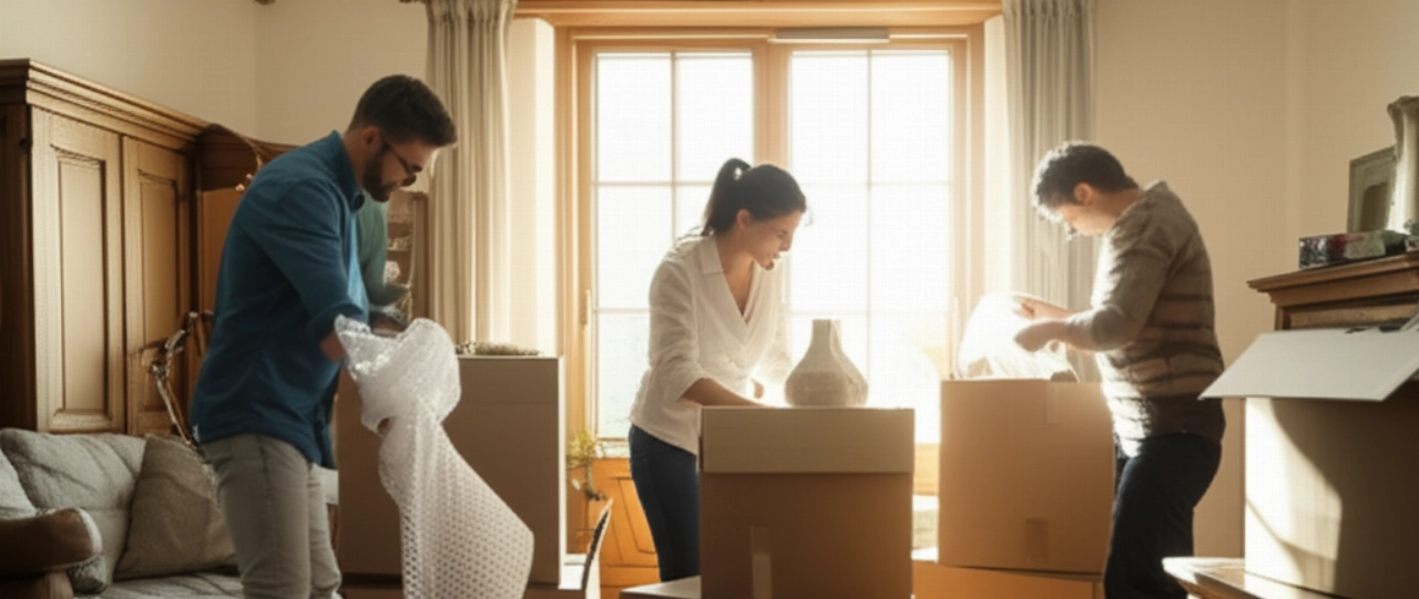 Kaukasische Familie packt sorgfältig Habseligkeiten in einem hellen Wohnzimmer während eines professionellen Umzugs, Betonung von Effizienz und Detailgenauigkeit.