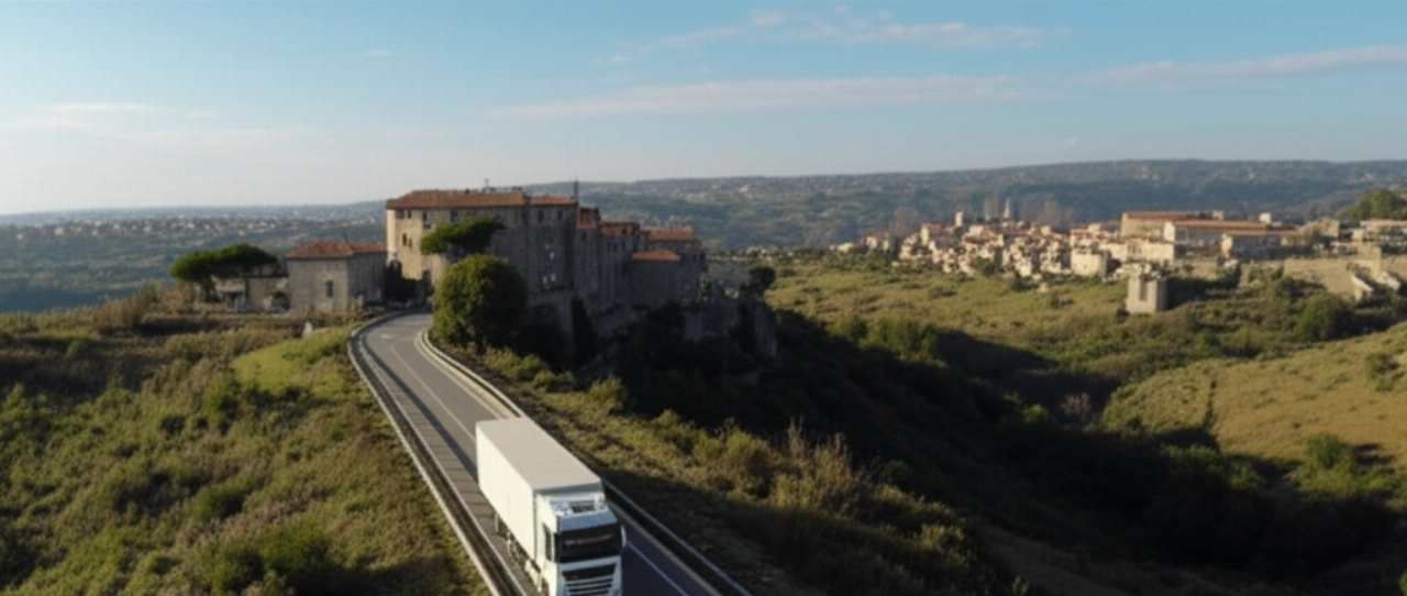 Hyperrealistische Luftaufnahme eines Umzugswagens auf einer kurvenreichen Straße durch die Molise-Hügel, mit einer entfernten italienischen Stadt, die die Reise symbolisiert.