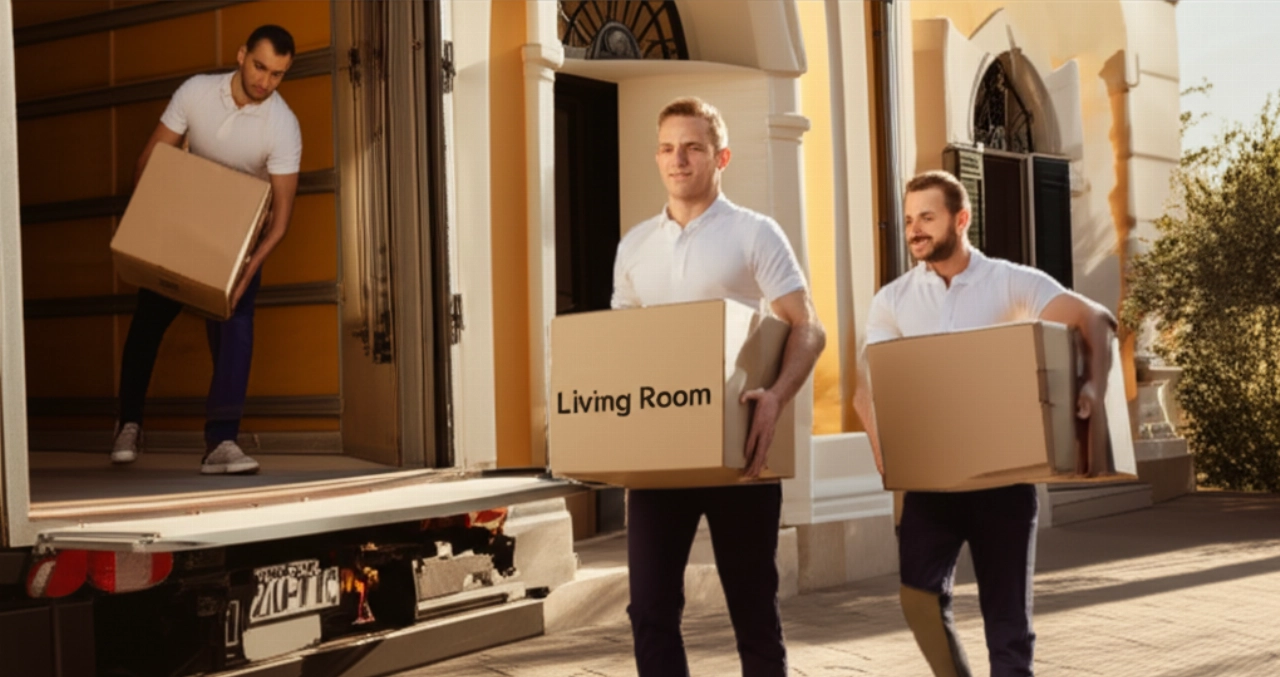 Zwei professionelle kaukasische Umzugshelfer entladen sorgfältig Kartons aus einem LKW am Eingang einer italienischen Villa, symbolisierend einen Neuanfang und professionellen Service.