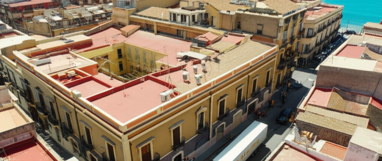 Vista aérea hiperrealista de un camión de mudanzas en una calle residencial de Catania, mostrando la eficiencia de las operaciones.