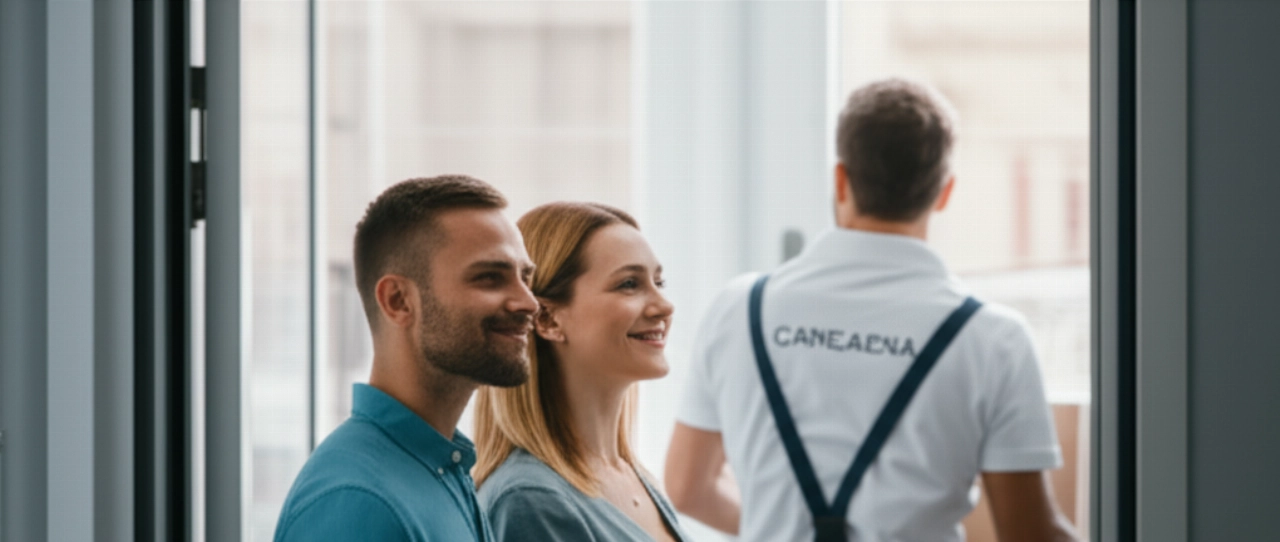 Pareja feliz y satisfecha en la entrada de su nuevo hogar en Catania, después de una mudanza profesional y sin estrés.