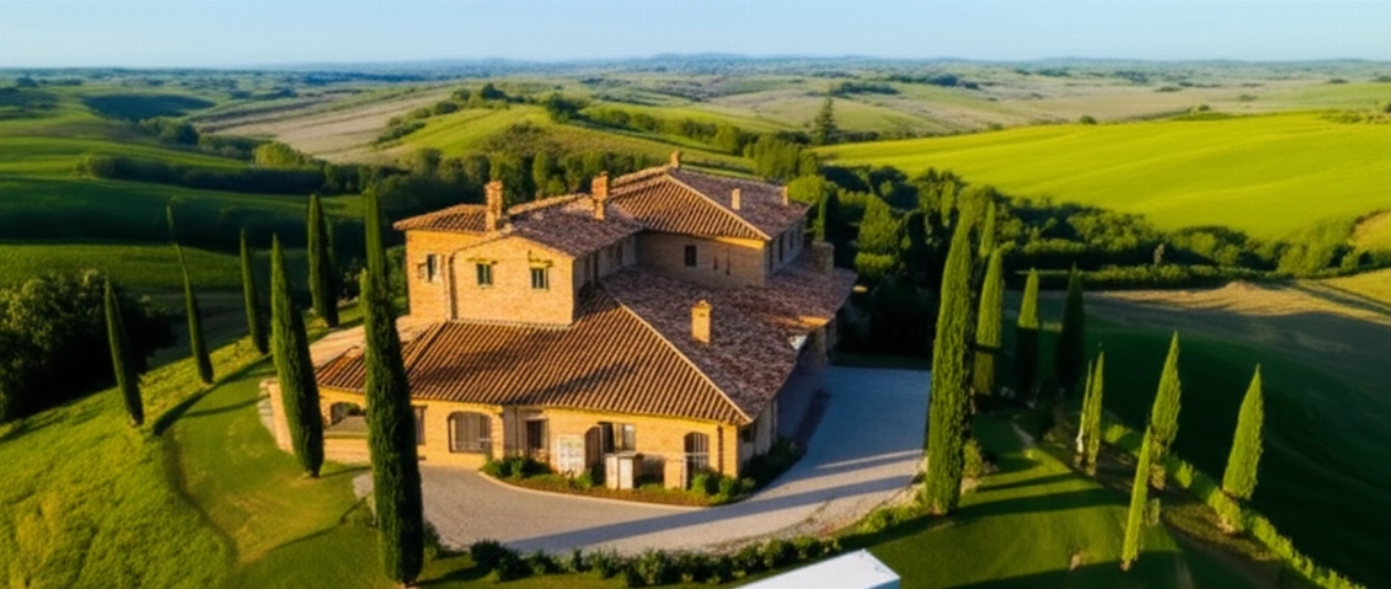 Vista aerea di un camion di traslochi parcheggiato davanti a una villa toscana tra le colline, simbolo di un nuovo inizio.