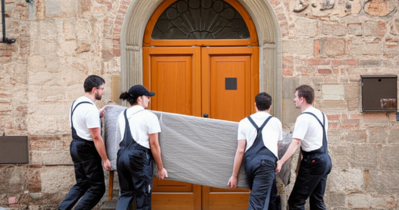 Traslocatori professionisti caucasici trasportano mobili con cura da un edificio tradizionale a Colle di Val d'Elsa, mettendo in risalto l'efficienza e la cura.