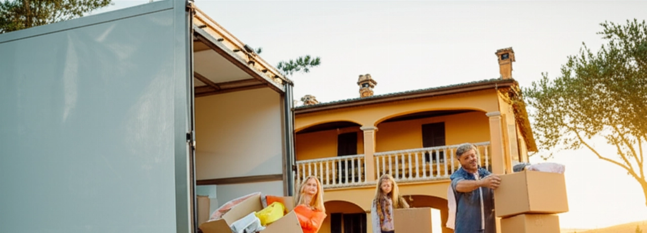 Una familia caucásica descarga felizmente cajas de mudanza de un camión frente a una villa italiana al atardecer, simbolizando un nuevo comienzo.