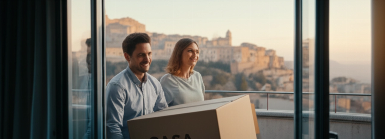 Couple caucasien déménageant avec une vue panoramique d'Enna depuis la fenêtre.