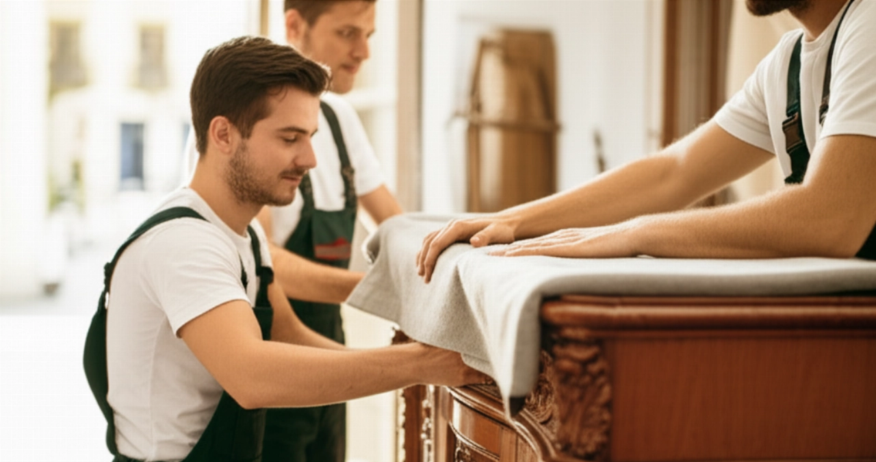 Déménageurs caucasiens professionnels emballant soigneusement des meubles anciens.