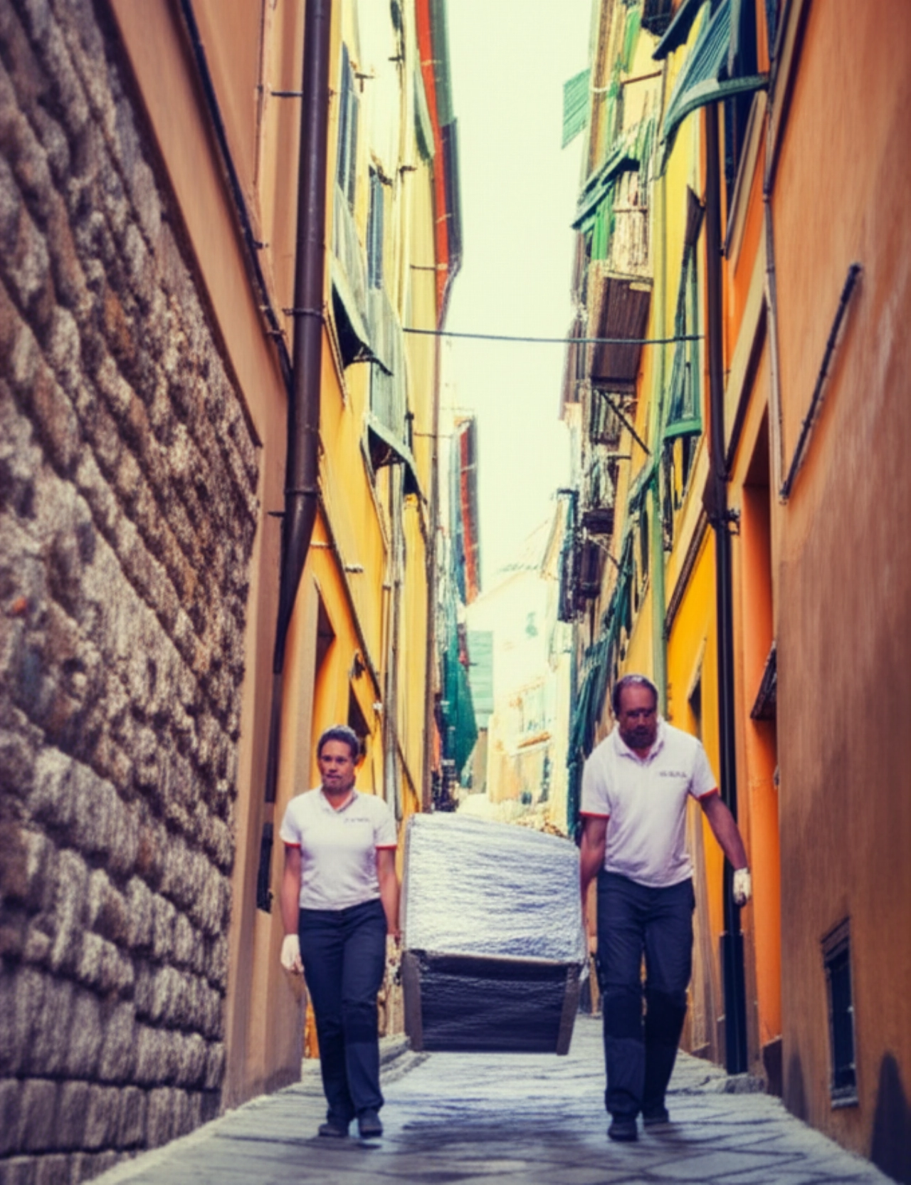 Professionelle Umzugshelfer transportieren Möbel in einer typischen Gasse Genuas, die historische Architektur betonend.