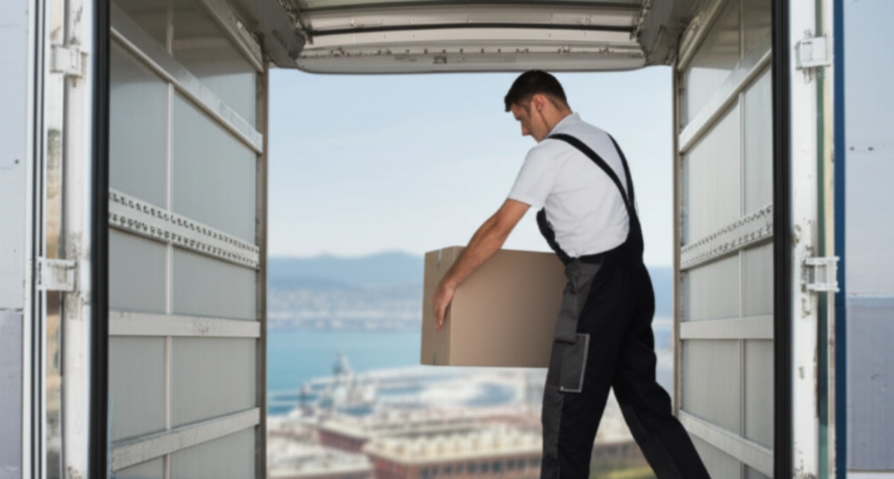 Professioneller Umzugshelfer ordnet Güter in einem Lastwagen, mit Panoramablick auf den Hafen von Genua im Hintergrund.