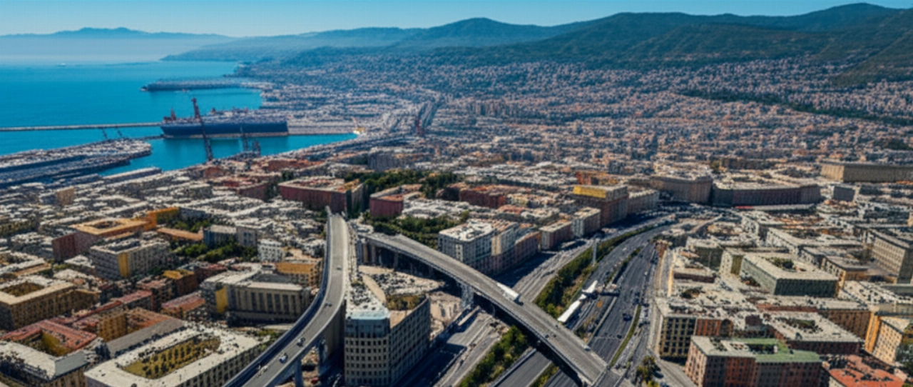 Hyperrealistische Luftaufnahme von Genua, mit Umzugswagen, die durch die Stadtlandschaft navigieren.