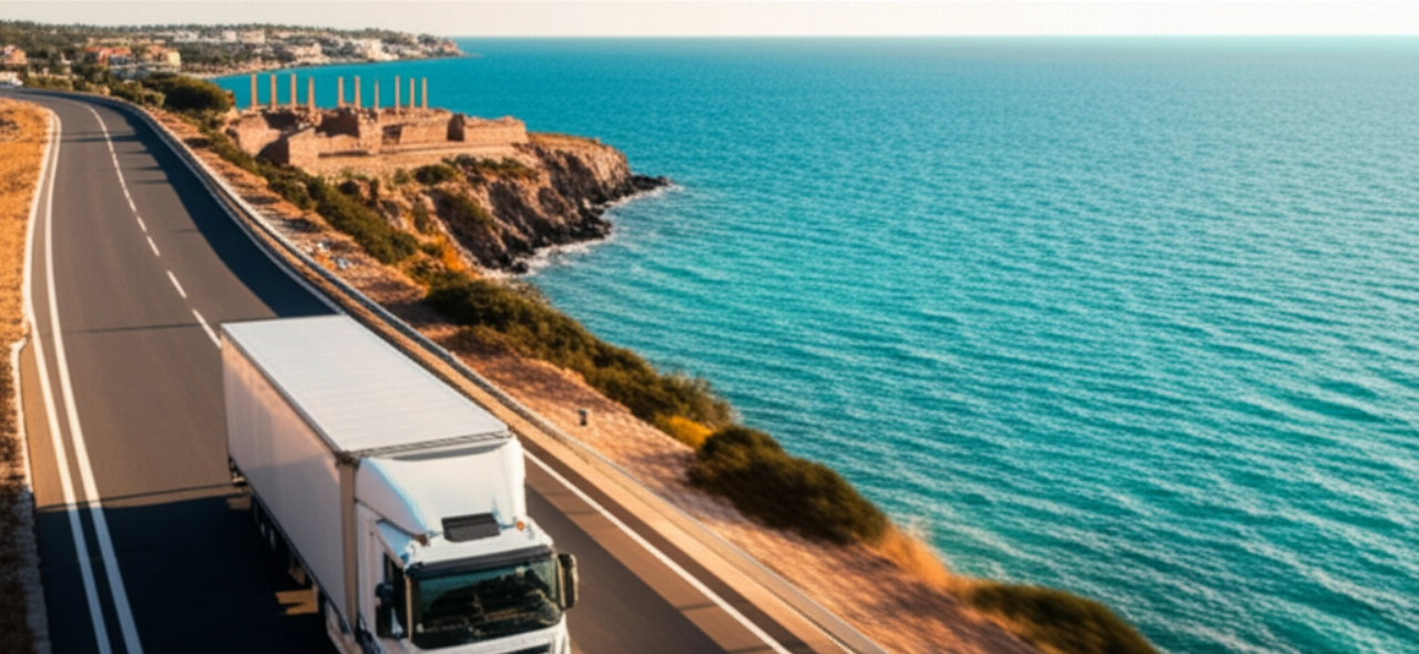 Camion de déménagement sur une autoroute côtière avec des ruines grecques et des villas italiennes en arrière-plan, au coucher du soleil.