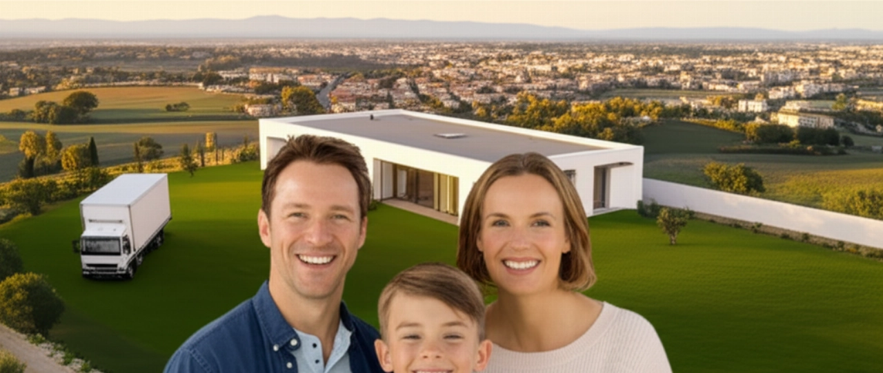 Feliz familia caucásica frente a su nuevo hogar en Grosseto, con una hermosa vista aérea de la ciudad y el paisaje toscano.