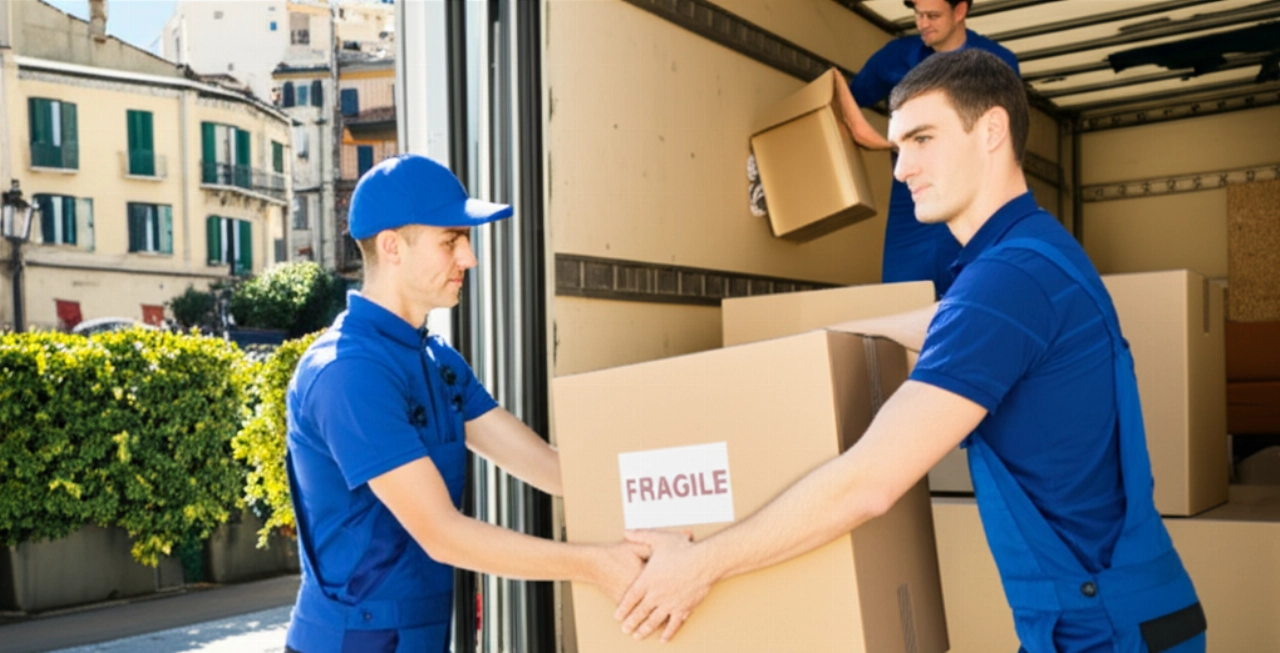 Déménageurs professionnels chargeant soigneusement des cartons sur un camion à Imperia, symbole d'efficacité et de fiabilité.
