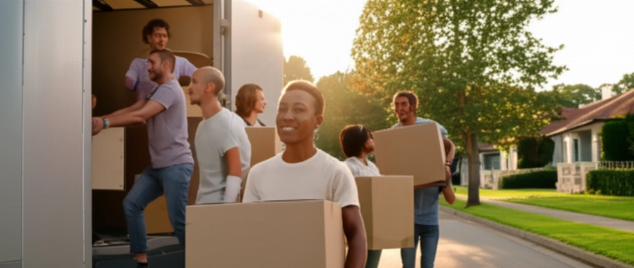 Persone caucasiche sorridenti e collaboranti caricano scatole in un moderno camion per traslochi in una strada residenziale alberata al tramonto.